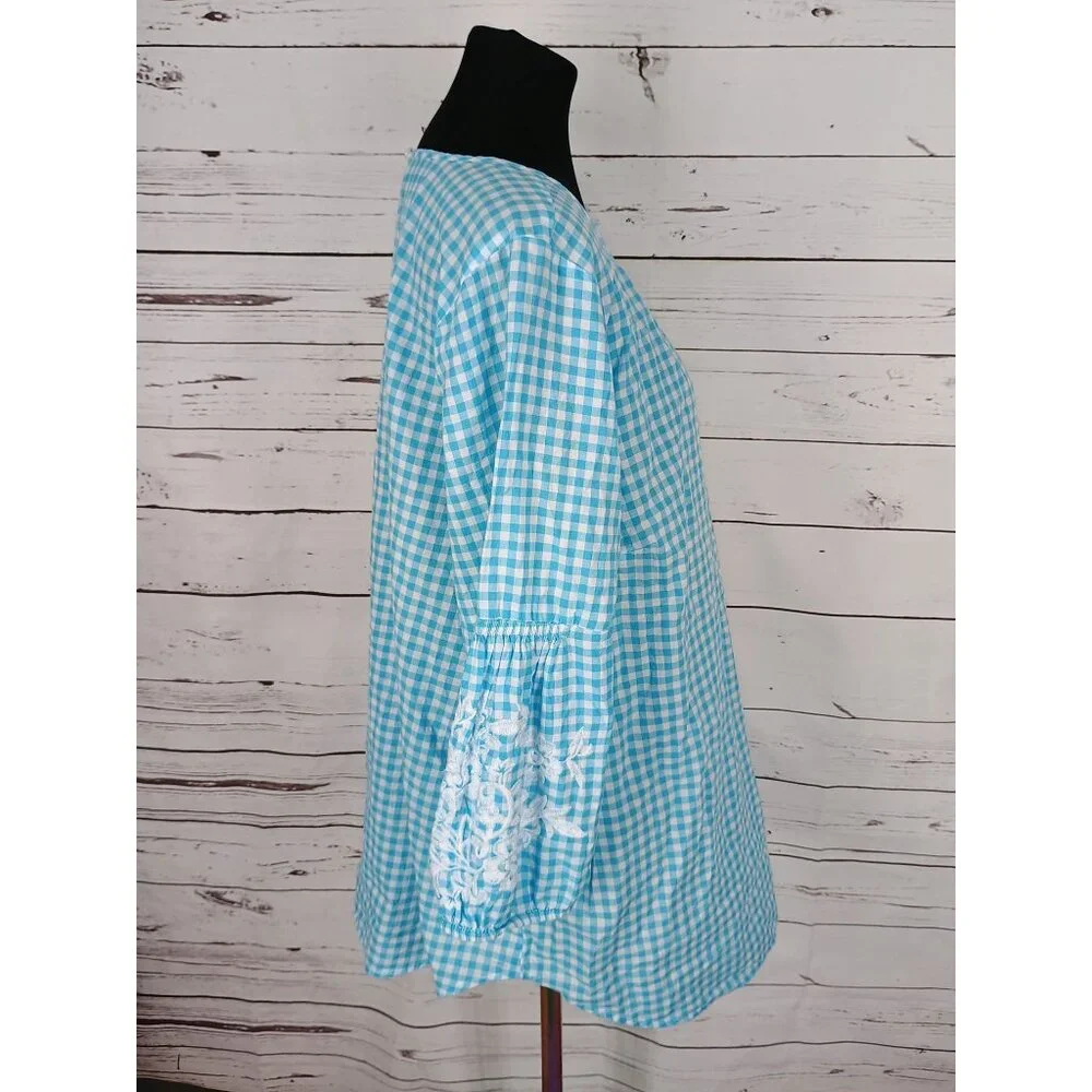 Crown & Ivy 2x Blue White Gingham Floral Tunic Top Blouse Embroidered‎ Detail